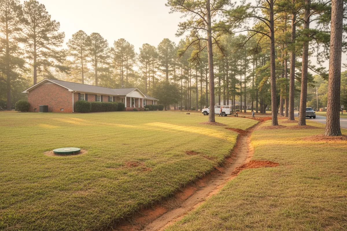 A shallow red clay drainage cut along the lawn of a brick ranch house on a large pine-shaded lot, a green septic riser lid in the yard.