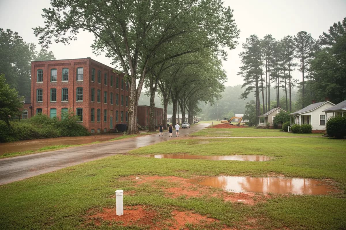 Puddled yards of small cottages on a low street near a brick mill and a tree-lined riverbank, with a cleanout cap in one lawn.