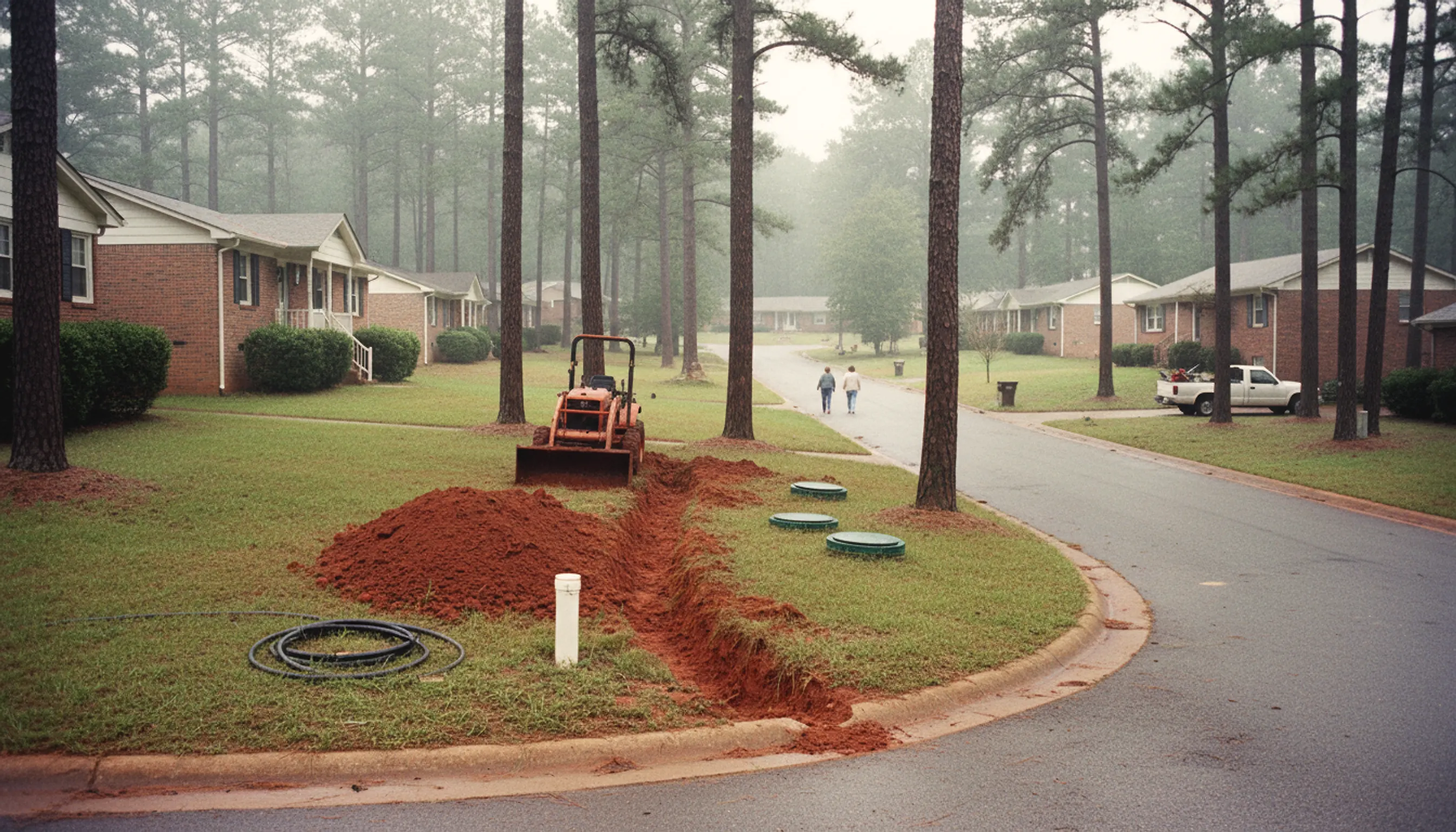 1980s subdivision street with a red clay trench across one front yard and septic riser lids in the next yard.