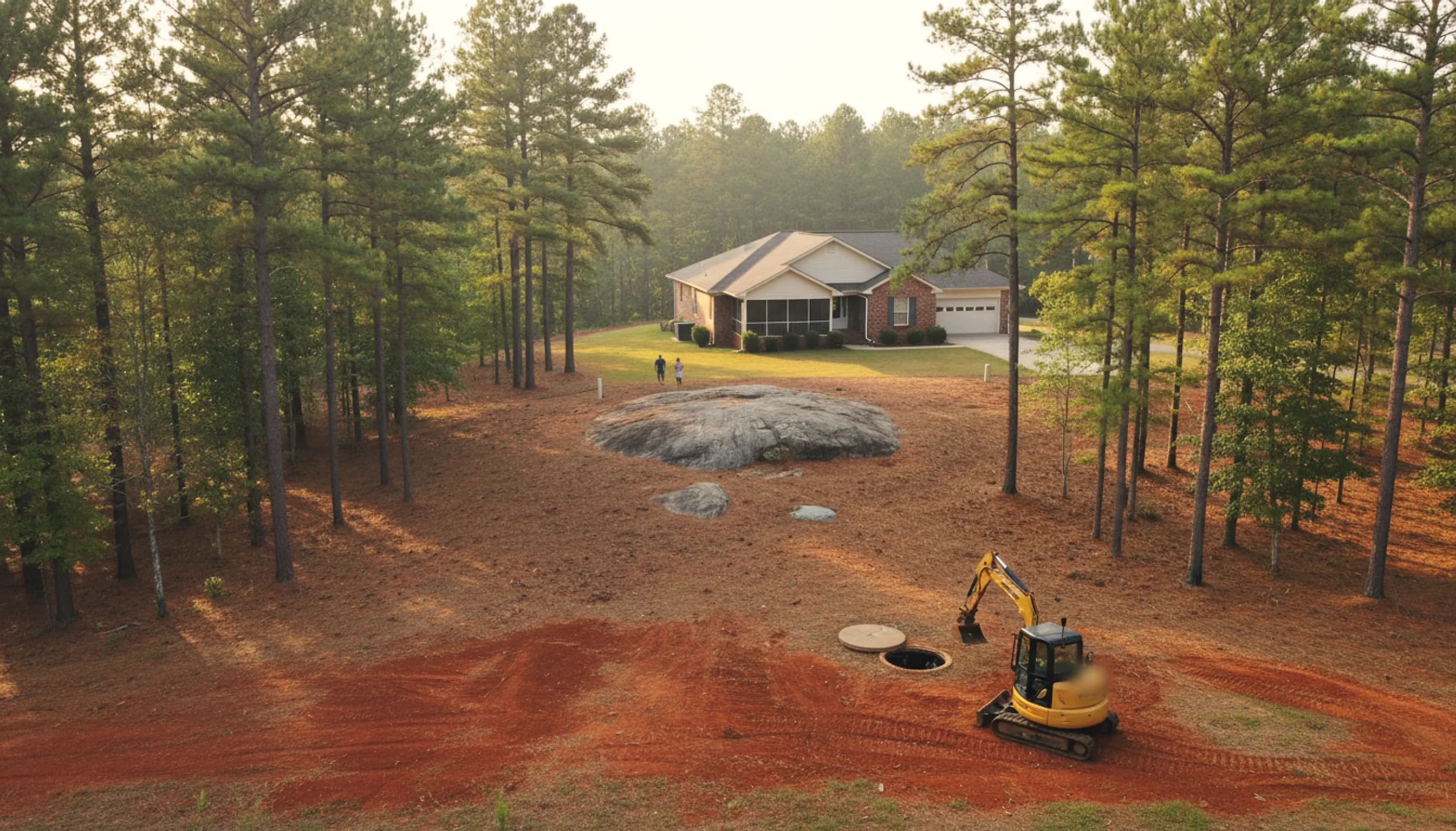Brick ranch on a wooded Piedmont lot with a granite outcrop, an open septic tank lid and a small excavator in the side yard.