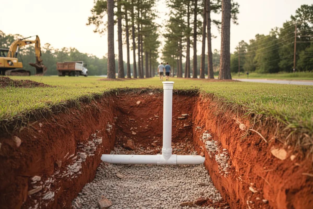 A red clay trench with pale rock fragments in its walls, a new white PVC line bedded in gravel with a cleanout riser, a grassy roadside beyond.