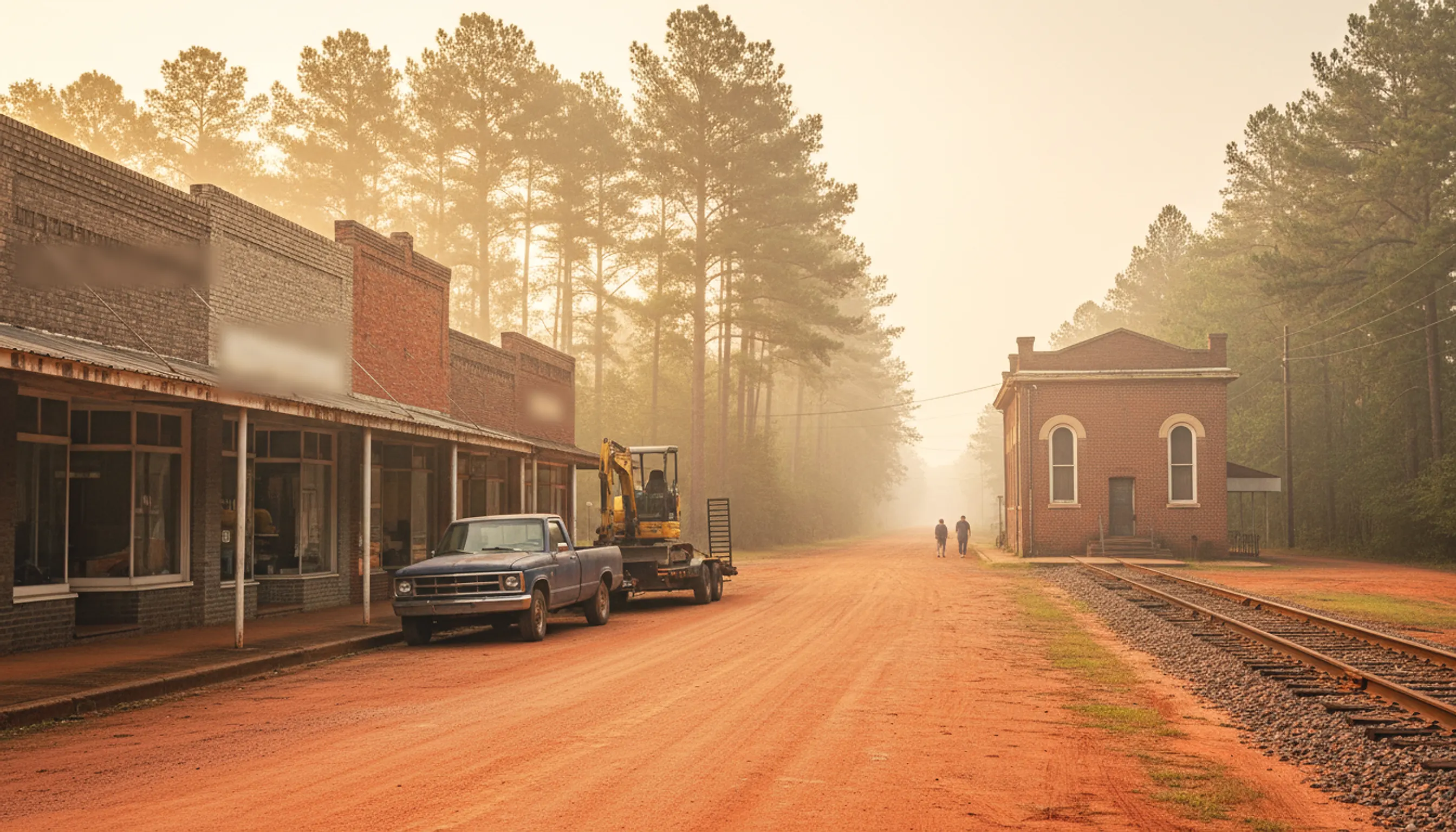 Brick storefronts and an old bank building beside a rail line, with a pickup and mini excavator at the curb.