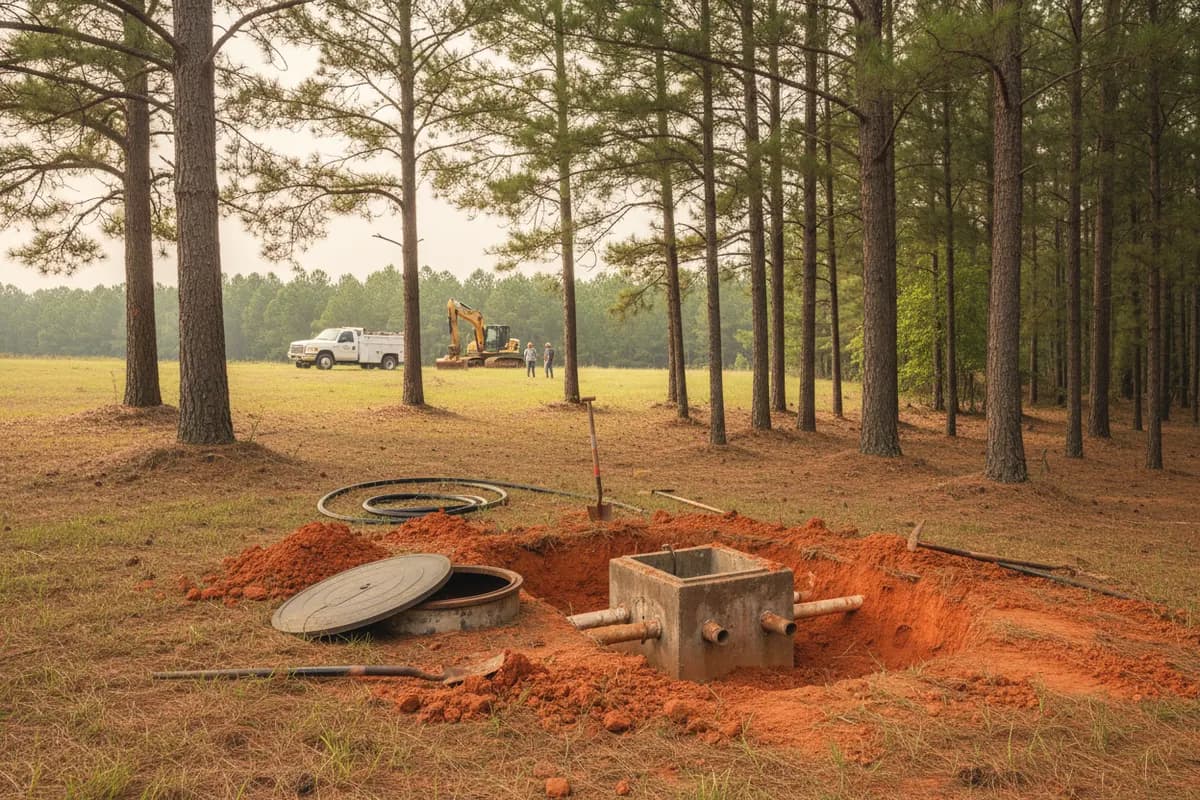 An open septic tank lid and an exposed distribution box in red-brown clay at the edge of pine woods.
