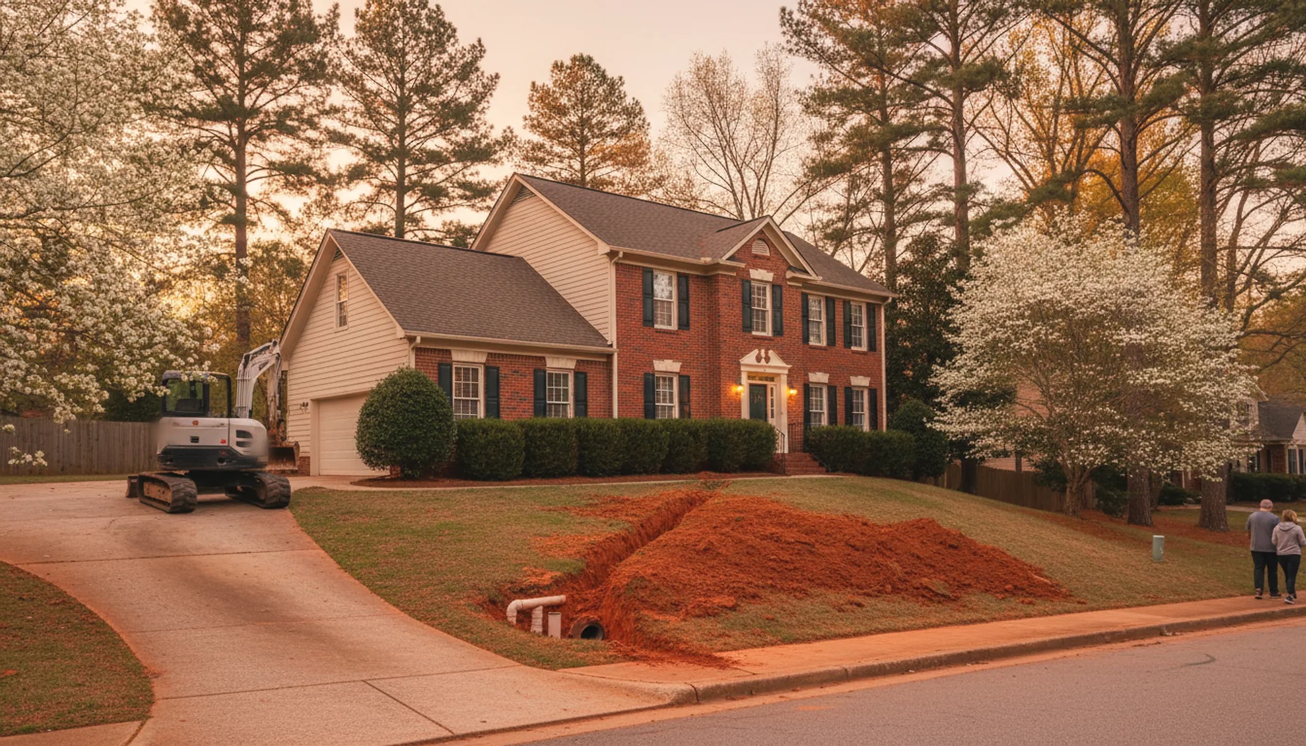 A narrow red-clay trench runs from a 1990s brick house's cleanout toward the street, with a mini excavator on the driveway.