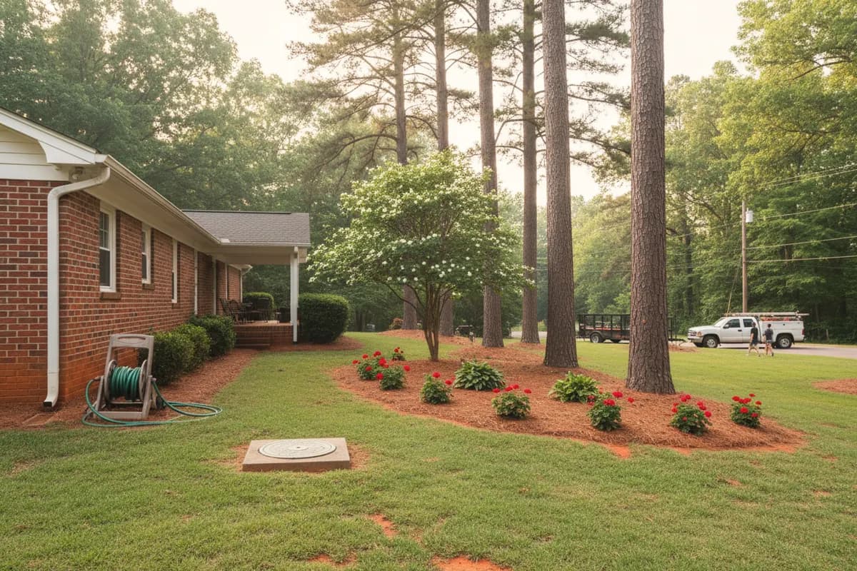 A square concrete access box with a round lid in the side yard of a brick ranch house, beside a garden hose reel, dogwood and loblolly pines.