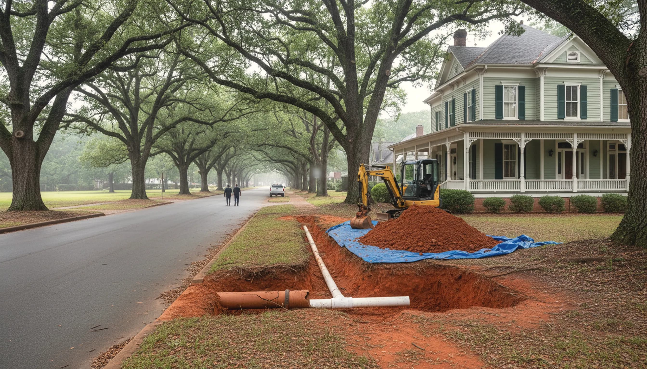 Old terra cotta sewer pipe exposed in a front-yard dig beside a Victorian house on a historic Georgia street