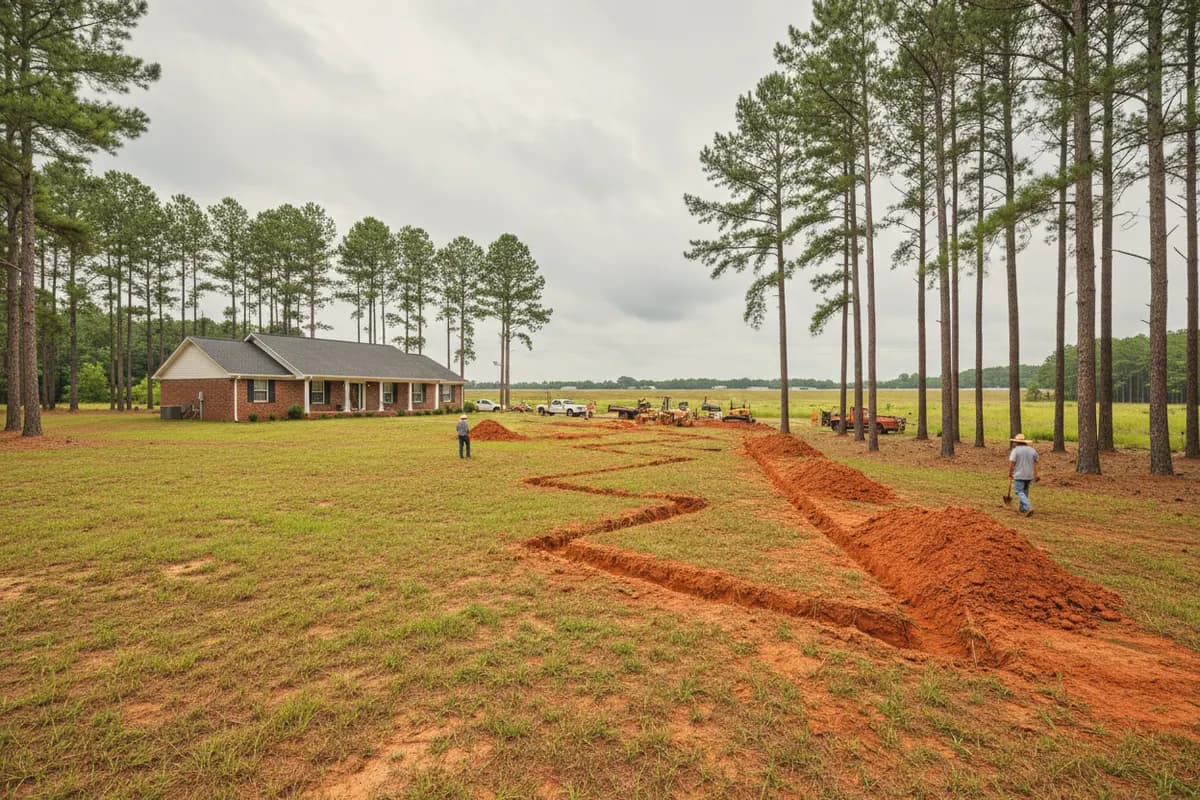 A brick ranch on a large rural lot beside loblolly pines, zigzagging drain-field trenches freshly cut in red clay and flat farmland beyond.