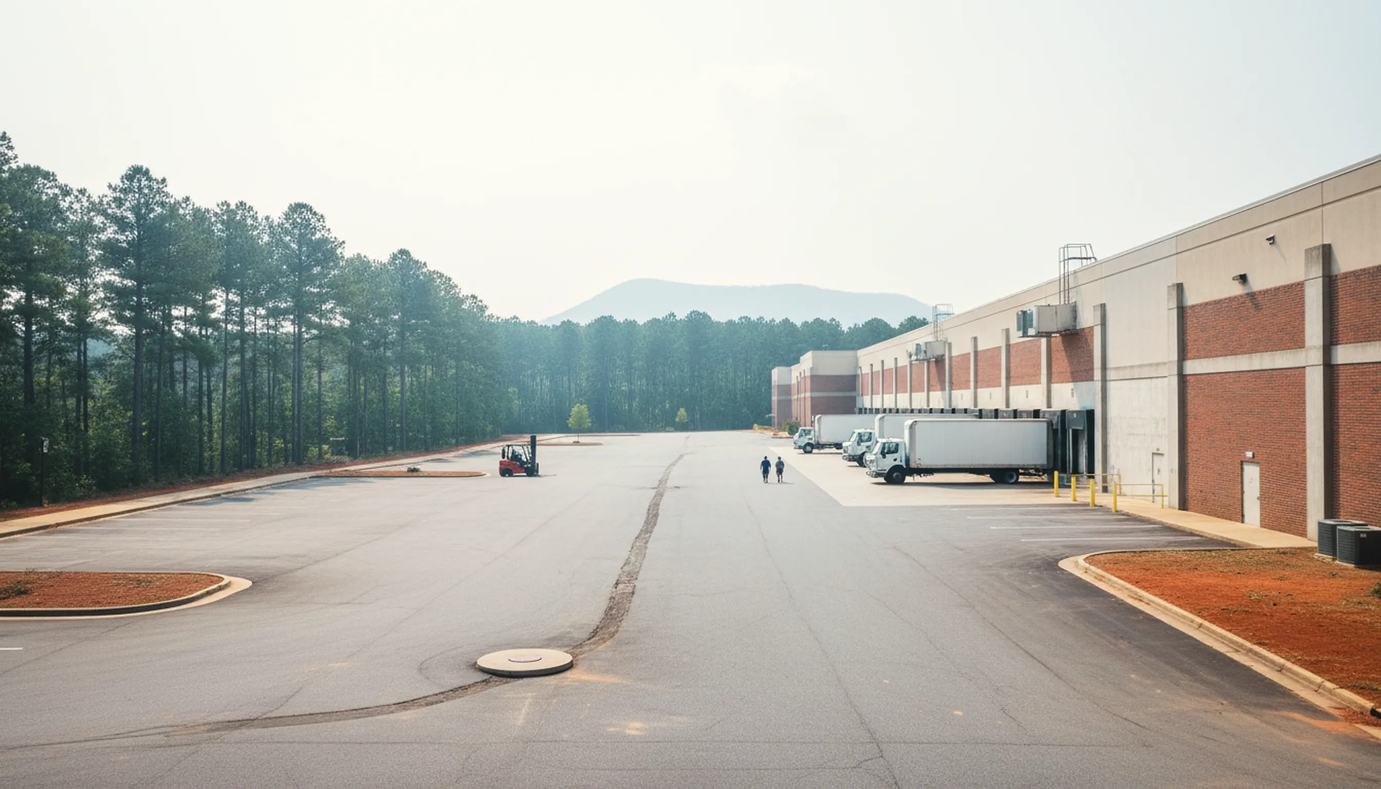 Loading docks behind a large brick-and-concrete retail building off the interstate, a round interceptor lid and a patched trench line in the asphalt, pines and a distant granite dome.