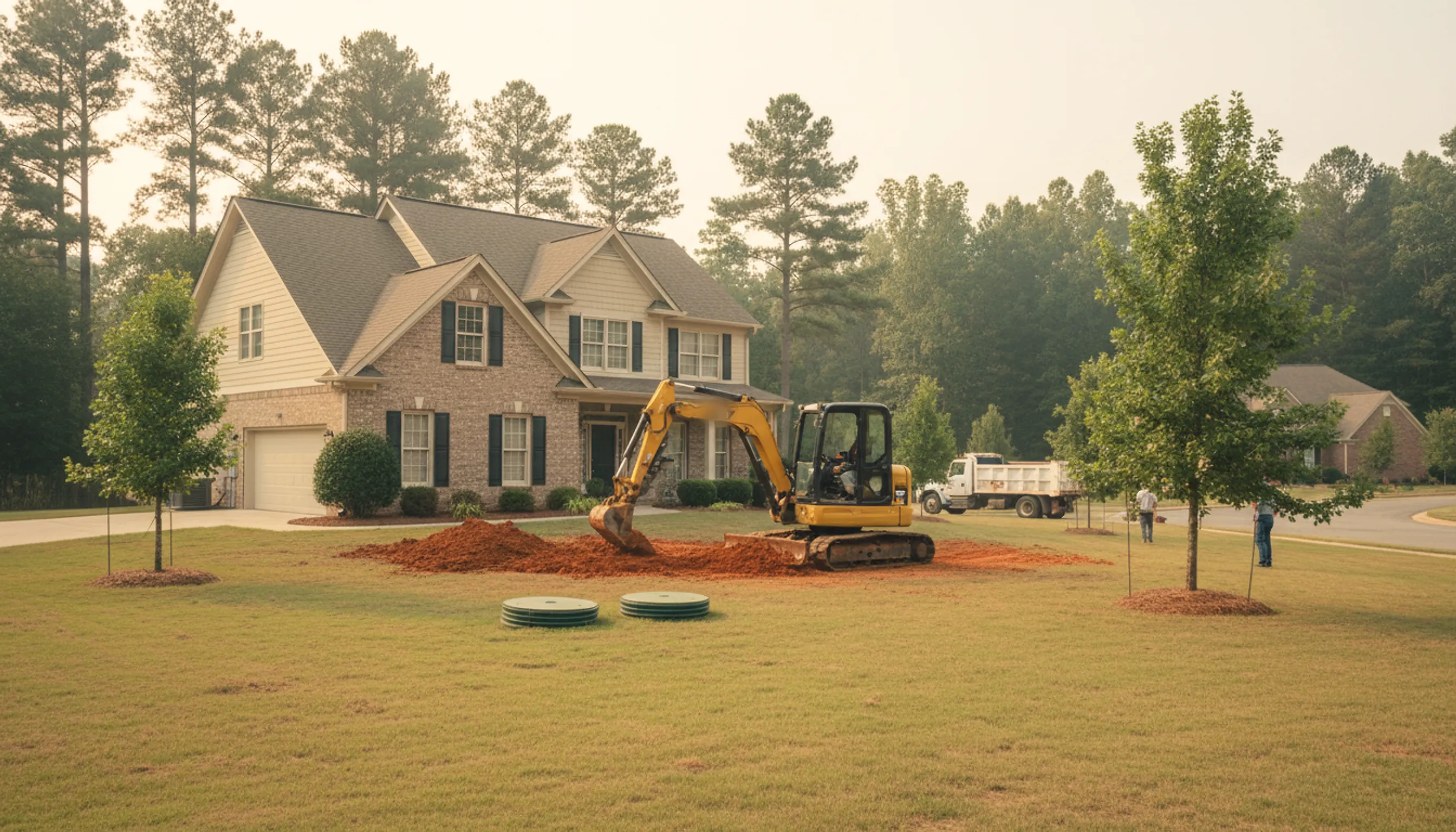 A 1990s two-story brick-and-siding house on a cul-de-sac lot, a mini excavator digging red clay beside two green septic riser lids in the lawn.