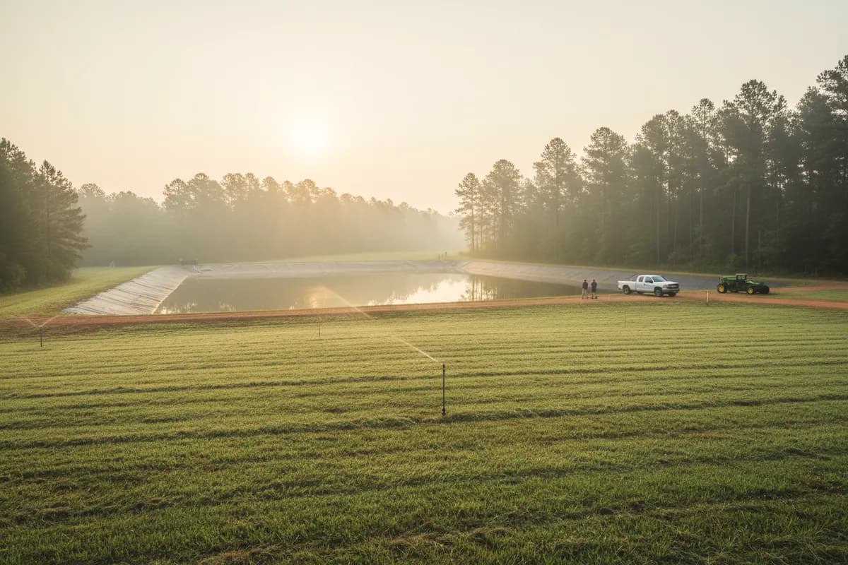 A mown grass spray field with low sprinkler heads beside a lined treatment pond, loblolly pines in the morning haze.