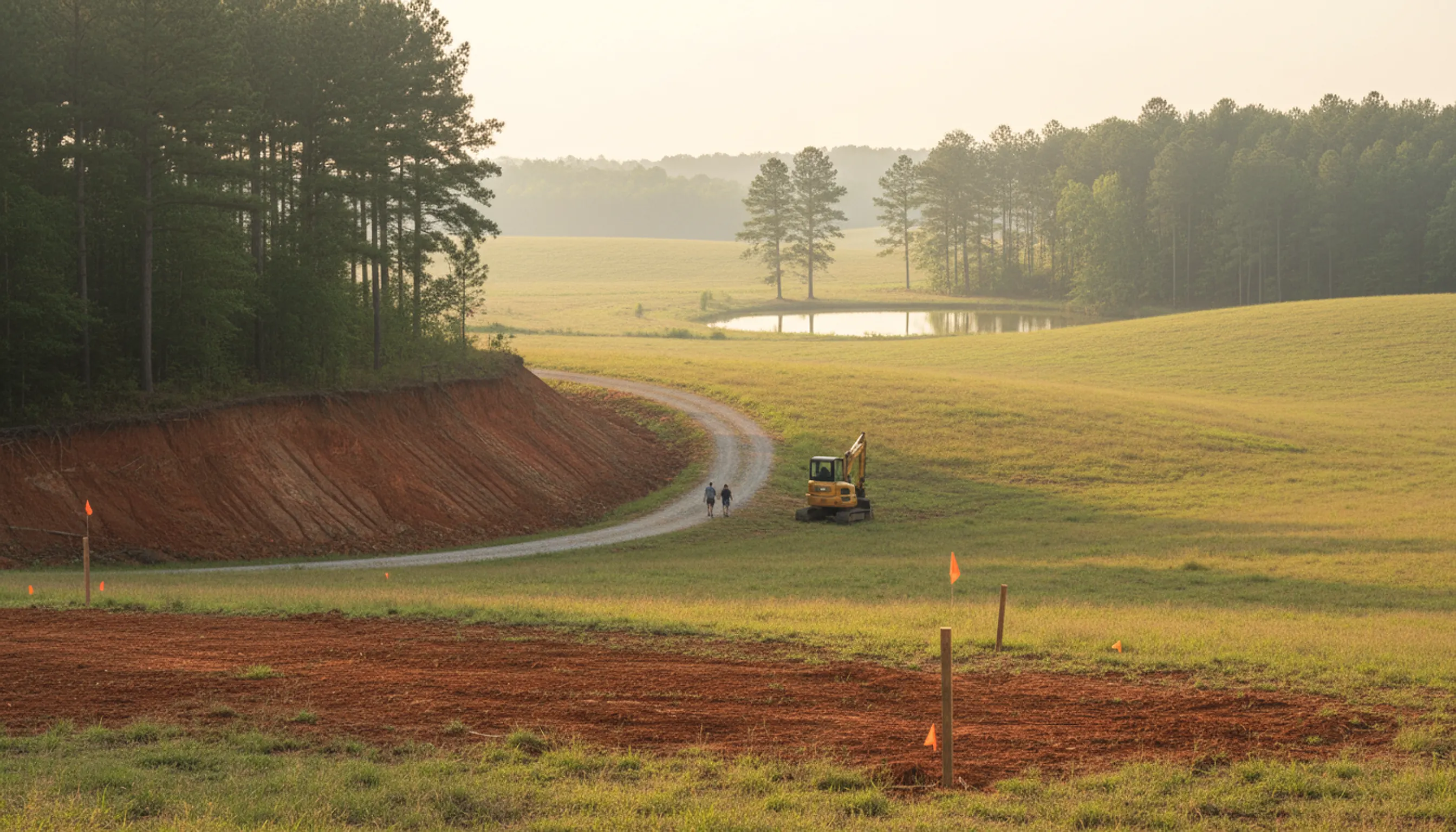 Red-clay pasture with a staked house site, pines and a farm pond in rural Walton County, Georgia