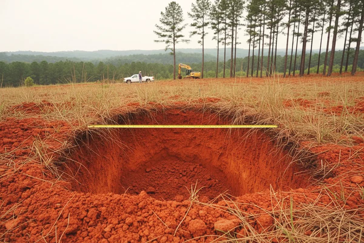 A shallow soil test pit cut into red clay loam on a rural Georgia lot